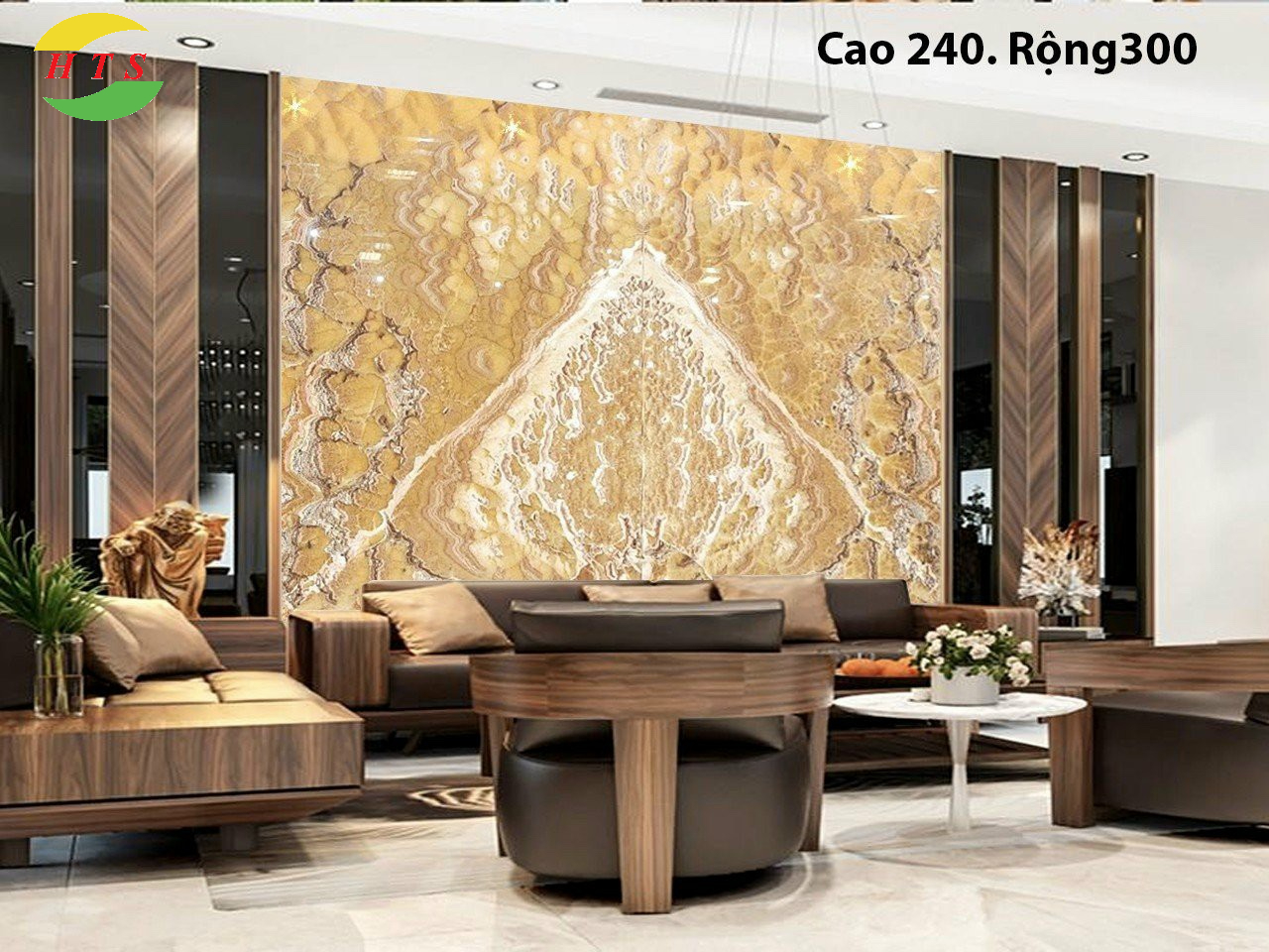 Ốp đá tường phòng khách bằng đá Onyx xuyên sáng màu vàng nâu.